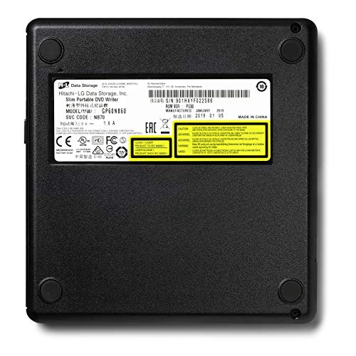 Hitachi-LG GP60NB60 Grabadora Externa DVD Unidad USB 2.0 Portátil Delgado DVD-RW CD ROM Rewriter para escritorio PC o Ordenador Portátil de Escritorio Windows y Mac OS con Conectividad de TV - Negro