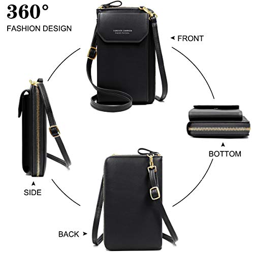 HNOOM Bolso Movil Mujer, Bolso Bandolera Móvil, Bolso Pequeño Bandolera para Damas Mujeres con Ranuras para Tarjeta de Correa (Negro)