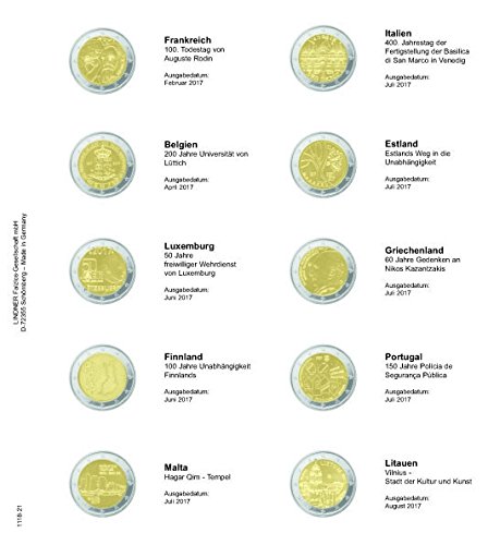 Hoja pre-impresa 2 euros cronologico: Francia 02/2017 - Lituania 08/2017 [Lindner 1118-21], Hoja pre-impresa incl. hoja monedas karat K3