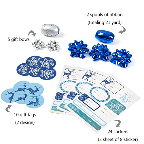 Holijolly Juego De Papel De - Mini Rollo Con Lazo Y Cinta Y Etiquetas De Regalo Y Pegatinas - 43 Cm X 3 M Por Rollo - Diseño Azul