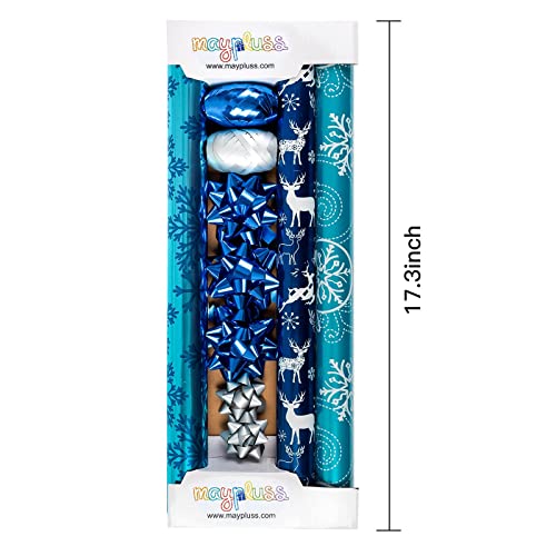 Holijolly Juego De Papel De - Mini Rollo Con Lazo Y Cinta Y Etiquetas De Regalo Y Pegatinas - 43 Cm X 3 M Por Rollo - Diseño Azul