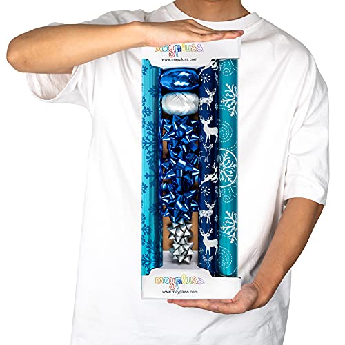 Holijolly Juego De Papel De - Mini Rollo Con Lazo Y Cinta Y Etiquetas De Regalo Y Pegatinas - 43 Cm X 3 M Por Rollo - Diseño Azul