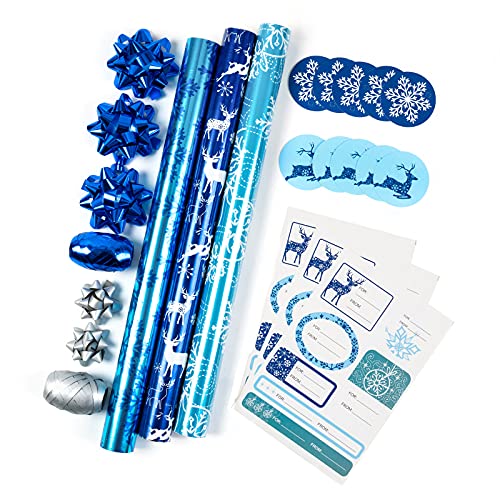 Holijolly Juego De Papel De - Mini Rollo Con Lazo Y Cinta Y Etiquetas De Regalo Y Pegatinas - 43 Cm X 3 M Por Rollo - Diseño Azul