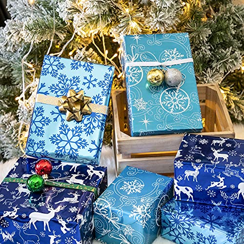 Holijolly Juego De Papel De - Mini Rollo Con Lazo Y Cinta Y Etiquetas De Regalo Y Pegatinas - 43 Cm X 3 M Por Rollo - Diseño Azul
