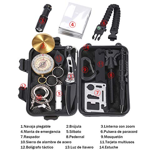 Homvik Kits de Supervivencia 14 en 1 multifuncional Kits Tácticos con Navaja Linterna Manta de Emergencia y Pulsera de Paracord para Acampada Senderismo Excursión Montañismo Viaje al Aire Libre