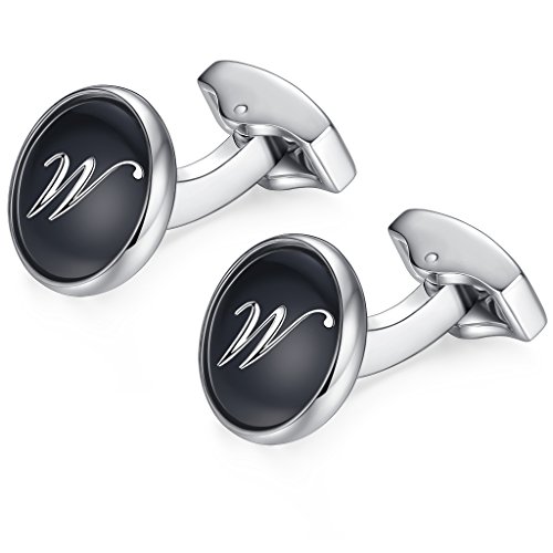 HONEY BEAR Carta Inicial Alfabeto Gemelos - Acero Inoxidable para la Camisa de los Hombres Regalo de Boda del Negocio (Negro) (M)