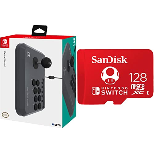 Hori - Fighting Stick Mini (Nintendo Switch/Pc) + Sandisk Microsdxc Uhs-I Tarjeta Para Nintendo Switch 128Gb, Producto Con Licencia De Nintendo