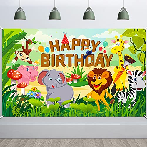 HOWAF Happy Birthday Pancarta para Selva Animal Cumpleaños Fiesta Decoración de Niño Chico, Bosque Safari Cumpleaños Decoración para Pared Fondo Fotografía, 6 x 3,6 Pies, Tejido Cumpleaños Pancarta