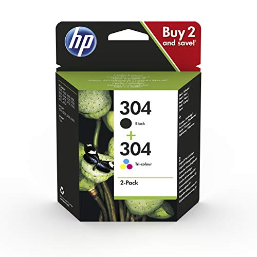 HP 304 3JB05AE, Negro y Tricolor, Pack de 2, Cartuchos de Tinta Originales, Compatible con impresoras de inyección de tinta HP DeskJet 2620, 2630, 3720, 3730, 3750, 3760; HP Envy 5010, 5020, 5030