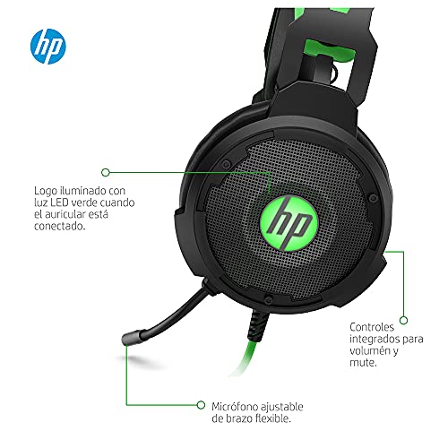 HP Pavilion 600 - Auriculares gaming (sonido 7.1 surround, almohadillas cómodas, iluminación LED verde, micrófono con brazo ajustable) negro y verde