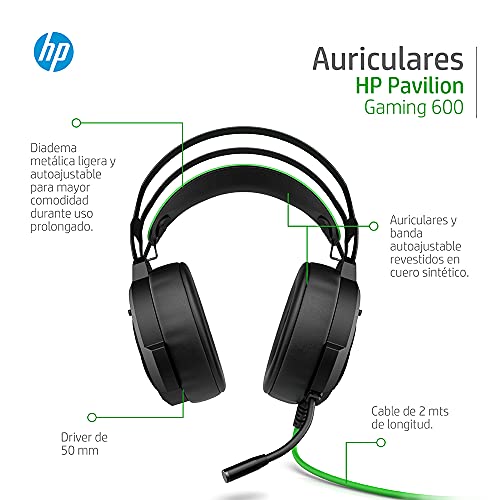 HP Pavilion 600 - Auriculares gaming (sonido 7.1 surround, almohadillas cómodas, iluminación LED verde, micrófono con brazo ajustable) negro y verde