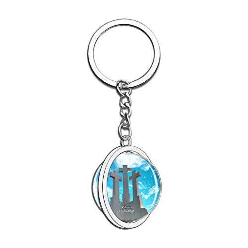 Hqiyaols Keychain Tres Cruces Vilnius Lituania Cristal Girar Acero Inoxidable Llavero Viajes Ciudad Recuerdo Llavero