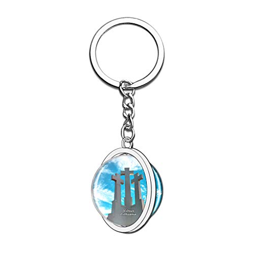 Hqiyaols Keychain Tres Cruces Vilnius Lituania Cristal Girar Acero Inoxidable Llavero Viajes Ciudad Recuerdo Llavero