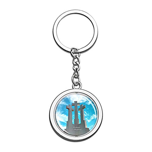 Hqiyaols Keychain Tres Cruces Vilnius Lituania Cristal Girar Acero Inoxidable Llavero Viajes Ciudad Recuerdo Llavero