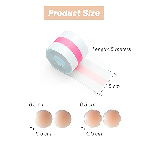 HSAJS 2 rollos de Cinta de Levantamiento de Senos y juego de 4 Silicona pezones,cinta para el cuerpo, push up Cinta de Senos, Boob Tape,Invisible Sujetador Adhesivo para Copa A-E(16.4pies, 50 mm)
