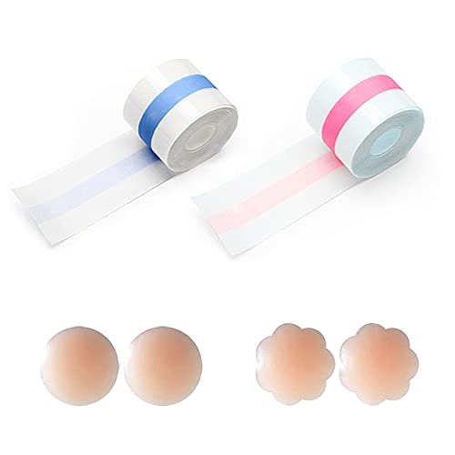 HSAJS 2 rollos de Cinta de Levantamiento de Senos y juego de 4 Silicona pezones,cinta para el cuerpo, push up Cinta de Senos, Boob Tape,Invisible Sujetador Adhesivo para Copa A-E(16.4pies, 50 mm)
