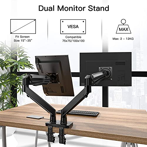 HUANUO 15" - 35" Soporte Dual para Monitor, Brazo de Resorte de Gas Ajustable con cables USB, soporte VESA 75/100 mm y peso de hasta 12 KG por brazo, 2 opciones de montaje
