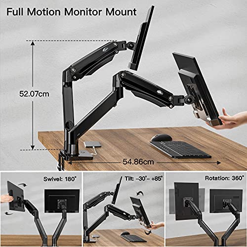HUANUO 15" - 35" Soporte Dual para Monitor, Brazo de Resorte de Gas Ajustable con cables USB, soporte VESA 75/100 mm y peso de hasta 12 KG por brazo, 2 opciones de montaje