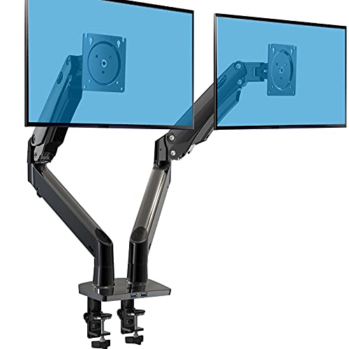 HUANUO 15" - 35" Soporte Dual para Monitor, Brazo de Resorte de Gas Ajustable con cables USB, soporte VESA 75/100 mm y peso de hasta 12 KG por brazo, 2 opciones de montaje
