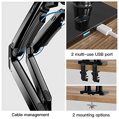 HUANUO 15" - 35" Soporte Dual para Monitor, Brazo de Resorte de Gas Ajustable con cables USB, soporte VESA 75/100 mm y peso de hasta 12 KG por brazo, 2 opciones de montaje