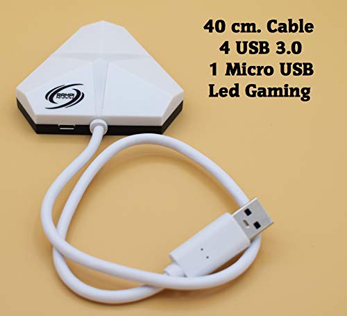 HUB USB 3.0 con Led Azul Gaming. USB múltiple con Varios Puertos para PC, PS4, PS5, Xbox, portátil (Blanco Azul)