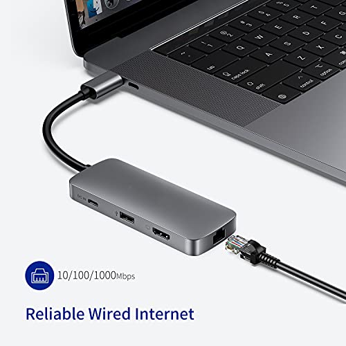Hub USB C 8 en 1 Premium Adaptador Macbook Pro con carga PD 100W HDMI 4K Ethernet 1Gbps Adaptador USB C Lector de Tarjetas SD/TF 3.0 2x USB 3.1 para iPad Pro MacBook Air Laptop/Tablet USB C