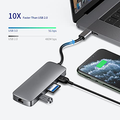 Hub USB C 8 en 1 Premium Adaptador Macbook Pro con carga PD 100W HDMI 4K Ethernet 1Gbps Adaptador USB C Lector de Tarjetas SD/TF 3.0 2x USB 3.1 para iPad Pro MacBook Air Laptop/Tablet USB C