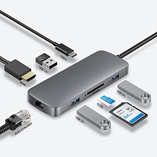 Hub USB C 8 en 1 Premium Adaptador Macbook Pro con carga PD 100W HDMI 4K Ethernet 1Gbps Adaptador USB C Lector de Tarjetas SD/TF 3.0 2x USB 3.1 para iPad Pro MacBook Air Laptop/Tablet USB C