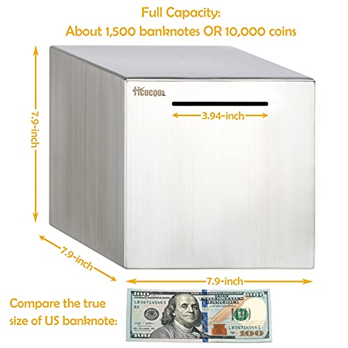 Hucha para adultos de acero inoxidable seguro dinero bancos para adultos ahorros caja de dinero real (7.9 pulgadas)