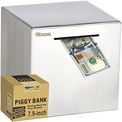 Hucha para adultos de acero inoxidable seguro dinero bancos para adultos ahorros caja de dinero real (7.9 pulgadas)