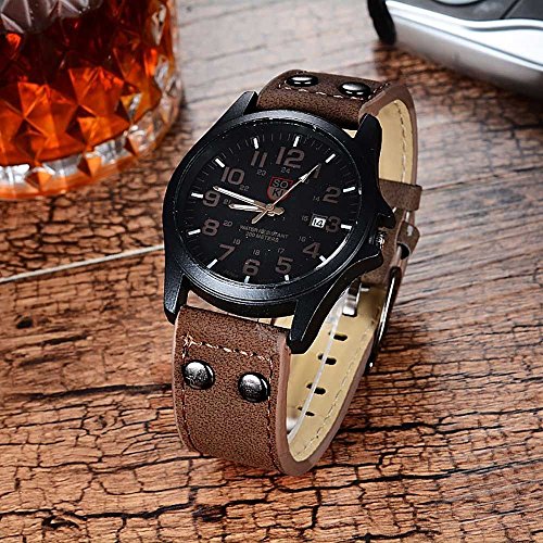 HuntGold Moda clásica SOKI deporte de los hombres al aire libre reloj de pulsera de la correa de cuero de imitación color marrón oscuro