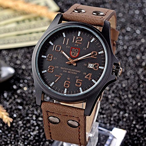 HuntGold Moda clásica SOKI deporte de los hombres al aire libre reloj de pulsera de la correa de cuero de imitación color marrón oscuro
