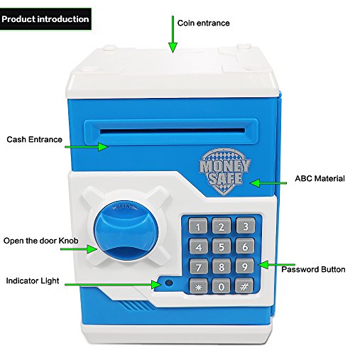 HUSAN Hucha electrónica para niños con código electrónico de cerditos, Mini cajero electrónico para Monedas ATM, Caja de Monedas, Juguete Divertido Regalo (Azul)