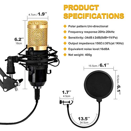 HyAdierTech Micrófono de Condensador, Micrófono de Condensador con Conector de Audio de 3.5 mm, con Soporte de Brazo de Tijera, Montaje de Choque, Filtro de Pop, para grabación, podcasting, Youtube.