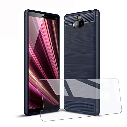HYMY Funda para Sony Xperia 10 Plus + 1 x Cristal Templado Protectores Pantalla - Azul Oscuro TPU Silicona Suave Tapa Caso Parachoques Carcasa para Sony Xperia 10 Plus (6.5")