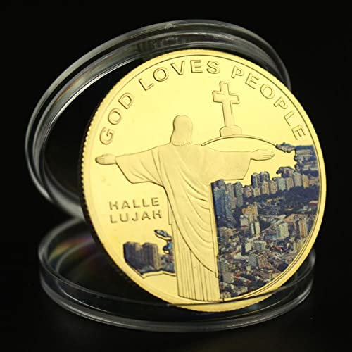 HYUI 2PCS Christ The Redeemer Collectible Commemorative Coin God Loves People Gold Plated Collection Art Cross Souvenir Coin