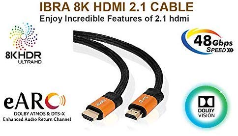 IBRA Orange 2.1 Cable HDMI de 8K Ultra Alta Velocidad 48Gbps Lead | Admite 8K@60HZ, 4K@120HZ,4320p,Compatible con Fire TV,Soporte 3D,Función Ethernet,8K UHD, 3D-Xbox Playstation PS3 PS4 PC,etc.- 1M