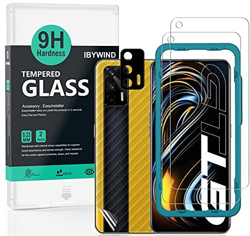 Ibywind Cristal Templado para Realme GT 5G, [2 Piezas],con Metálico Protector de Lente de Cámara,Atrás Pegatina Protectora Fibra de Carbono, Kit de instalación fácil