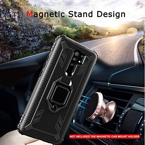 IMBZBK Funda para Xiaomi Redmi 9 + [2 Pack] Protector Pantalla Xiaomi Redmi 9 Cristal Templado, [Soporte Giratorio de 360 Grados con Anillo de Dedo][Grado Militar Anti-Golpe] TPU Silicona