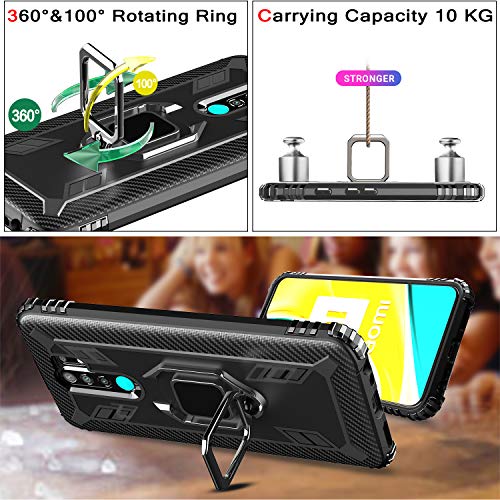 IMBZBK Funda para Xiaomi Redmi 9 + [2 Pack] Protector Pantalla Xiaomi Redmi 9 Cristal Templado, [Soporte Giratorio de 360 Grados con Anillo de Dedo][Grado Militar Anti-Golpe] TPU Silicona