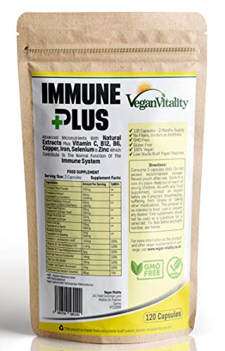 Immune Plus - Vitaminas Defensas - Mejora el Sistema Inmunitario con 14 Vitaminas y Extractos Naturales, Vitamina C, Zinc, Cúrcuma, Selenio, Jengibre, Arándano, Saúco, Ajo, Vitamina B12 y Vitamina B6