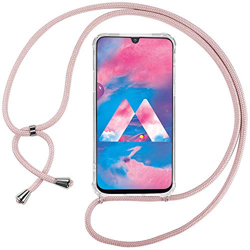 Ingen Funda con Cuerda para Samsung Galaxy M30/A40S- Carcasa Transparente TPU Suave Silicona Case con Colgante-Rosado