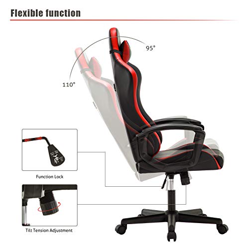 IntimaTe WM Heart Silla Gaming con Respaldo Alto Cojín Lumbar & Cabeza Almohada, Altura Ajustable 360° Giratorio y Reposabrazos Fijos (Roja)