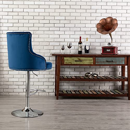 Irene House Taburete Bar con Respaldo de Terciopelo Regulable en Altura Taburete con Reposapiés Giratorio Estilo Vintage Retro para Comedor con Diseño de Capitoné Elegante (Azul)
