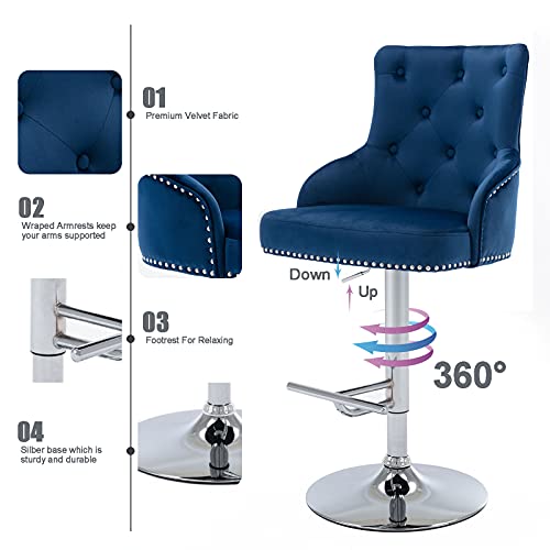 Irene House Taburete Bar con Respaldo de Terciopelo Regulable en Altura Taburete con Reposapiés Giratorio Estilo Vintage Retro para Comedor con Diseño de Capitoné Elegante (Azul)