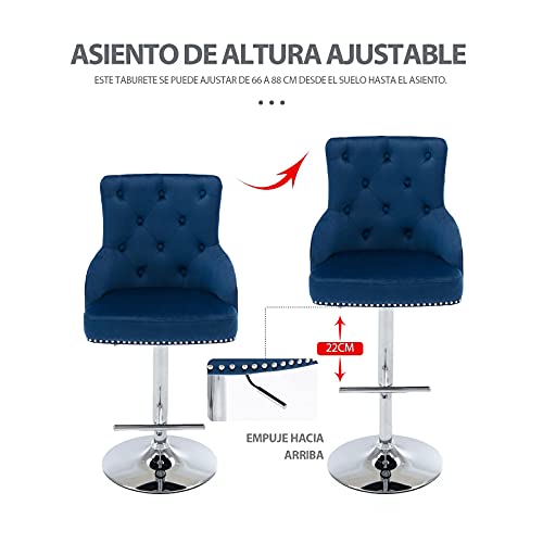 Irene House Taburete Bar con Respaldo de Terciopelo Regulable en Altura Taburete con Reposapiés Giratorio Estilo Vintage Retro para Comedor con Diseño de Capitoné Elegante (Azul)