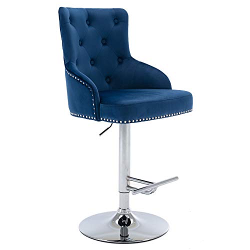 Irene House Taburete Bar con Respaldo de Terciopelo Regulable en Altura Taburete con Reposapiés Giratorio Estilo Vintage Retro para Comedor con Diseño de Capitoné Elegante (Azul)