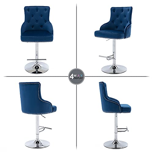 Irene House Taburete Bar con Respaldo de Terciopelo Regulable en Altura Taburete con Reposapiés Giratorio Estilo Vintage Retro para Comedor con Diseño de Capitoné Elegante (Azul)