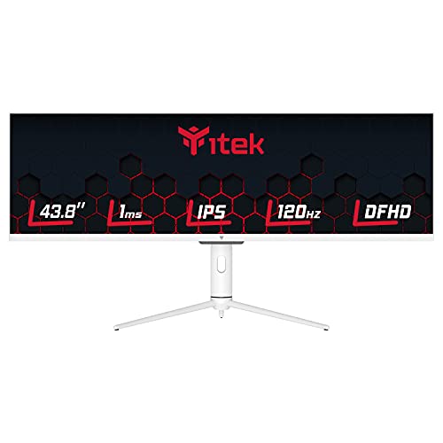 Itek Monitor Gaming GGF, Flat, 43,8", 3840 x 1080 (Dual FHD), 32:9, HDR600, IPS, 120Hz, 1ms, 125% sRGB, FreeSync, G-Sync, HDMI, DP, Audio, LED RGB, Altura Ajustable, HUB USB, Type-C, Blanco Brillante