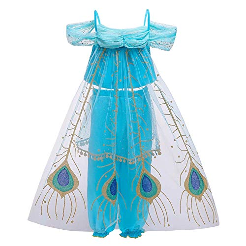 IWEMEK Niña Disfraz de Princesa Jasmine Vestido Aladdin árabe Danza Vientre India Tops Pantalones con Capa y Diadema Traje Carnaval Halloween Cosplay Navidad Cumpleaños Fiesta Costume 01 Azul 8-9